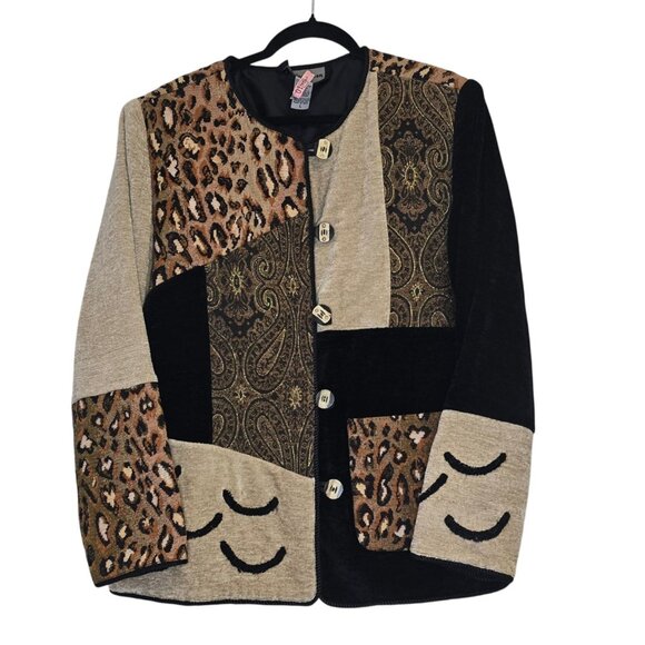 indigo moon Jackets & Blazers - Indigo Moon Womens Large Animal Print Patchwork Jacket Chenille
